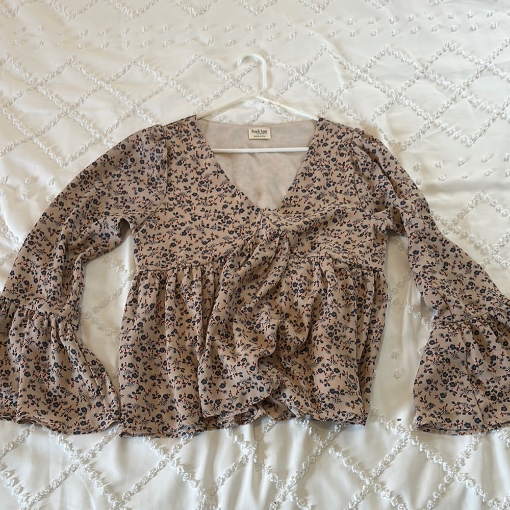 Peach Love California Tan and Black Bell Sleeve Blouse